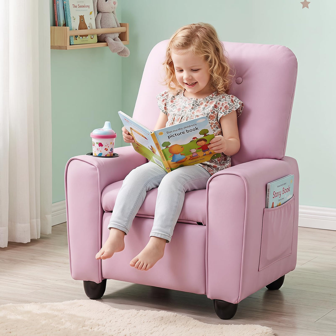 Push Back Kids Recliner Chair, PU Leather Toddler Reclining Armchair with Adjustable Footrest and Cup Holder