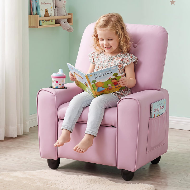 Push Back Kids Recliner Chair, PU Leather Toddler Reclining Armchair with Adjustable Footrest and Cup Holder