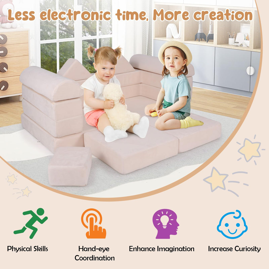 Modular Kids Play Couch, 9-Piece Climb &amp; Crawl Foam and Floor Playset w/ Breathable Suede Fabric