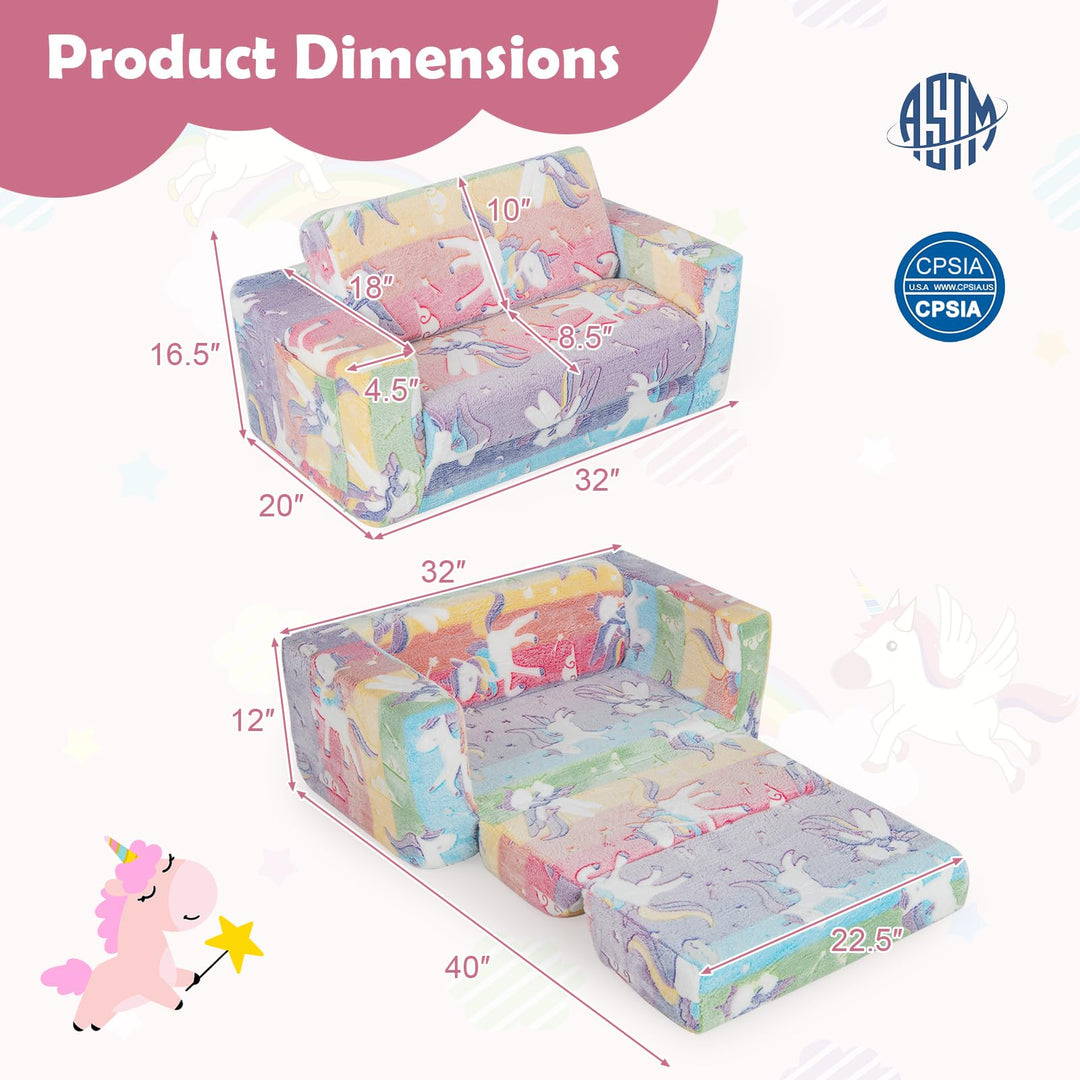 2-in-1 Flip-Out Kids Sofa Chair, Convertible Toddler Couch to Lounger with Removable Flannel Cover &amp; Glowing Designs