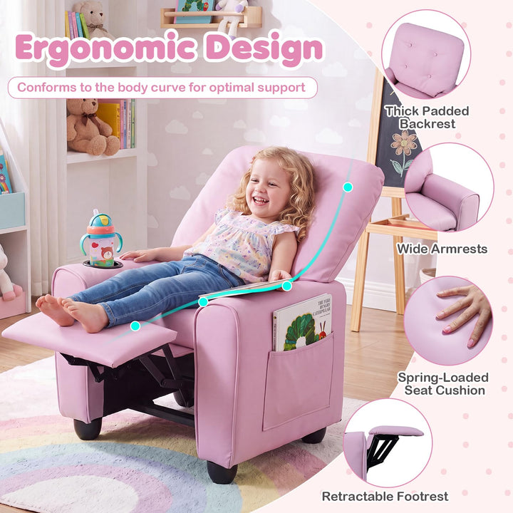 Push Back Kids Recliner Chair, PU Leather Toddler Reclining Armchair with Adjustable Footrest and Cup Holder
