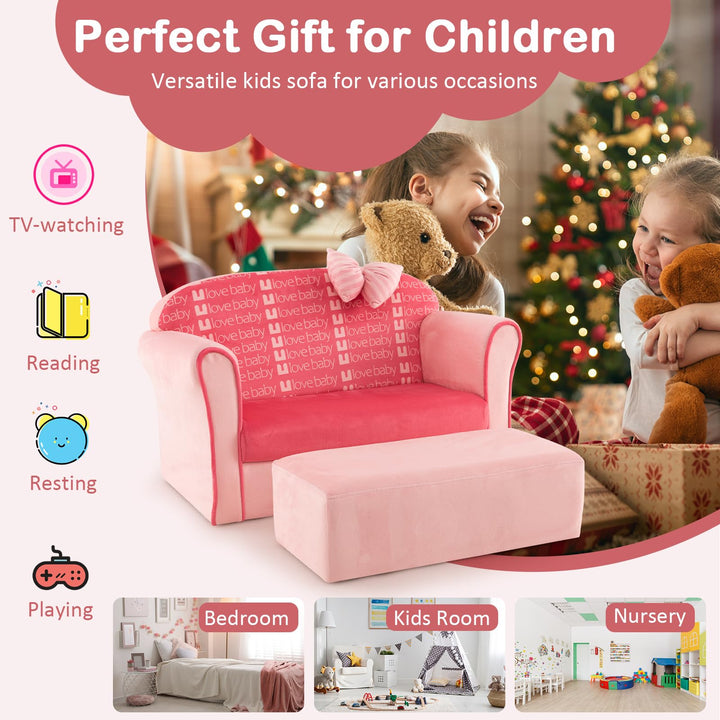 Toddler Sofa Chair with Ottoman, Soft Velvet Kids Couch with Curved Armrests