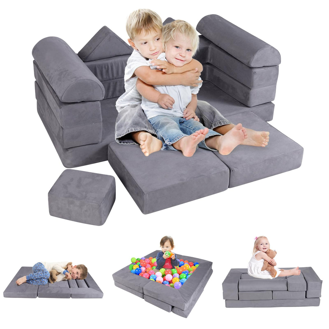 Modular Kids Play Couch, 9-Piece Climb &amp; Crawl Foam and Floor Playset w/ Breathable Suede Fabric