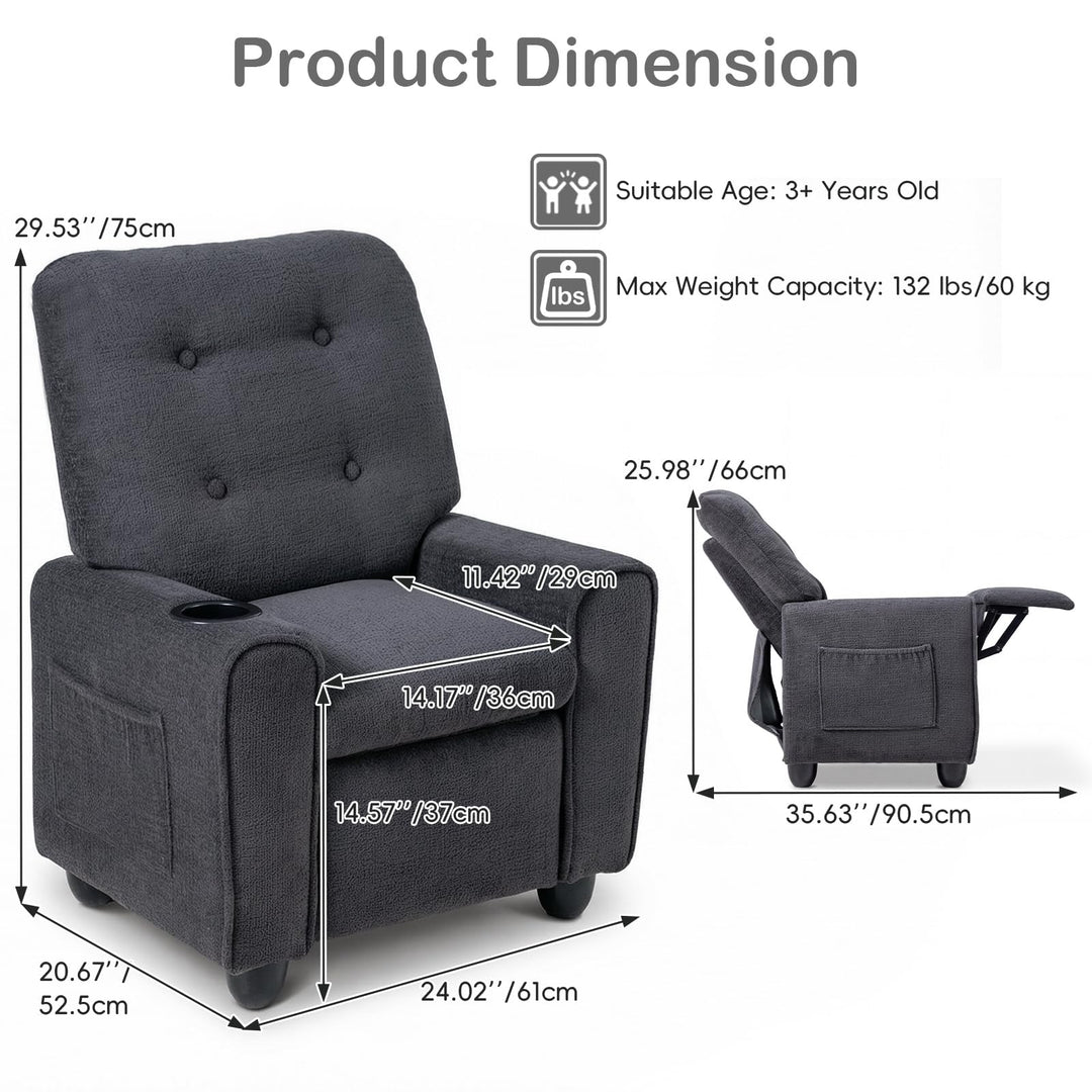 Kids Recliner, Toddler Lounge Chair with Adjustable Backrest Footrest Cup Holder Side Pockets