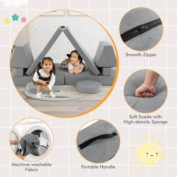10-Piece Modular Kids Play Couch, Convertible Foam Sectional Sofa with Portable Handle