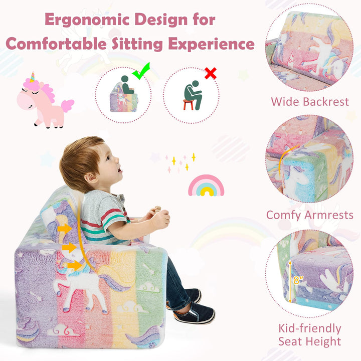 2-in-1 Flip-Out Kids Sofa Chair, Convertible Toddler Couch to Lounger with Removable Flannel Cover &amp; Glowing Designs