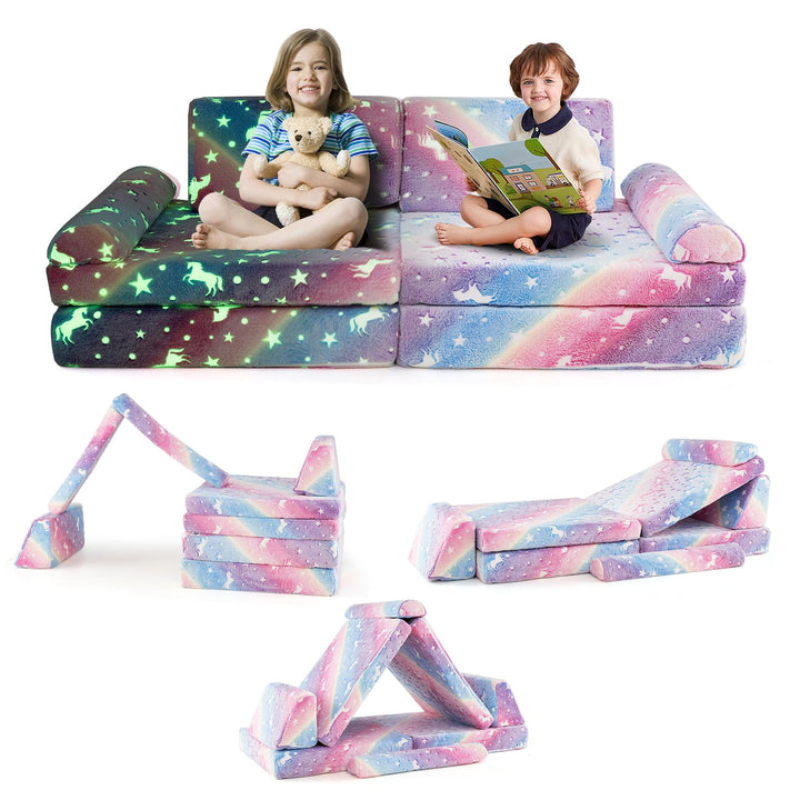 8 Pcs Modular Kids Play Couch, Glow in the Dark Toddler Sectional Sofa with Handles