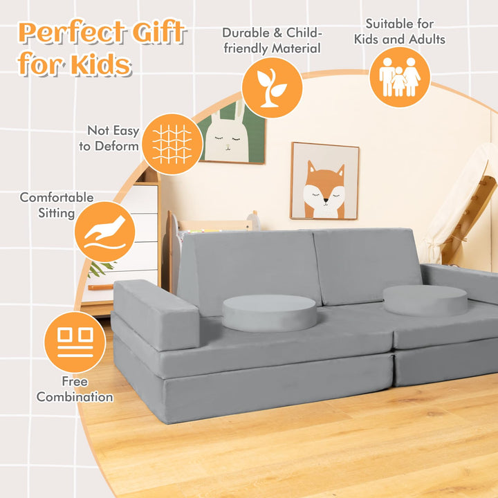 10-Piece Modular Kids Play Couch, Convertible Foam Sectional Sofa with Portable Handle