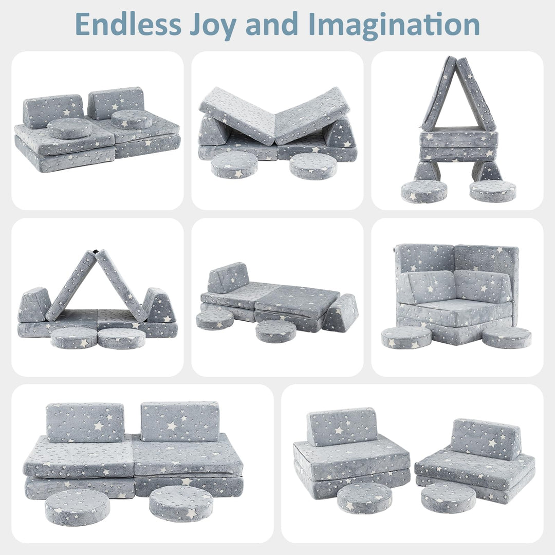 Modular Kids Play Couch, 6 PCS Fluorescent Toddler Creative Sectional Fort Building Sofa for Playroom