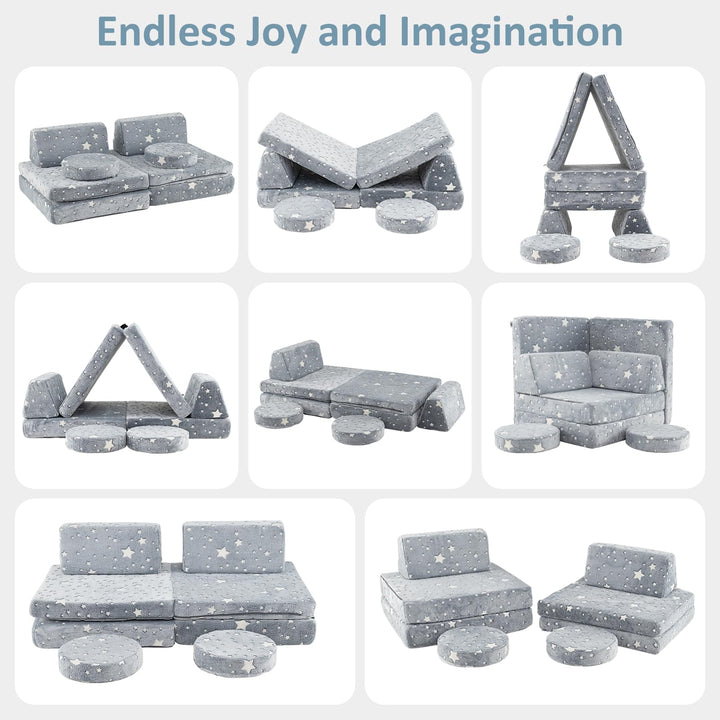Modular Kids Play Couch, 6 PCS Fluorescent Toddler Creative Sectional Fort Building Sofa for Playroom