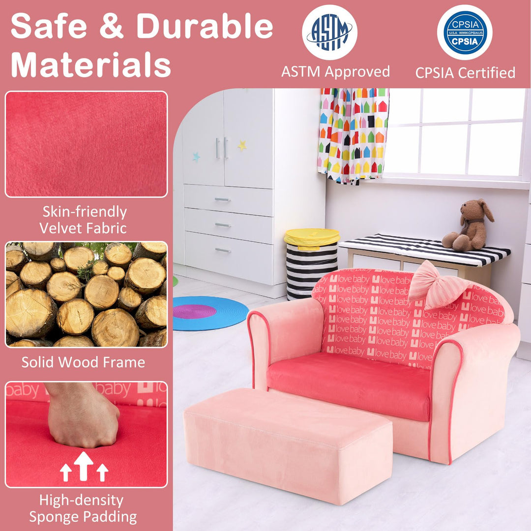 Toddler Sofa Chair with Ottoman, Soft Velvet Kids Couch with Curved Armrests