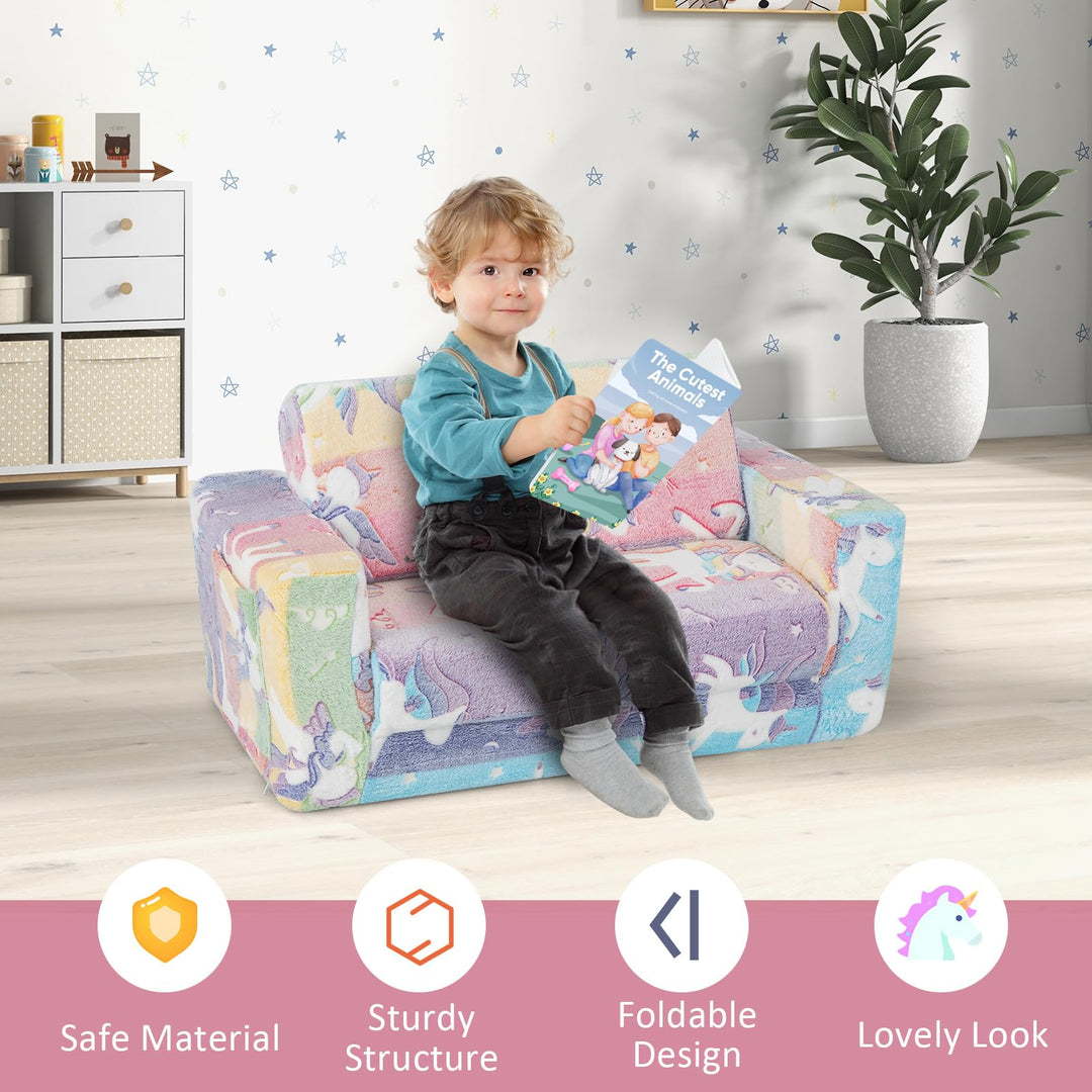 2-in-1 Flip-Out Kids Sofa Chair, Convertible Toddler Couch to Lounger with Removable Flannel Cover &amp; Glowing Designs