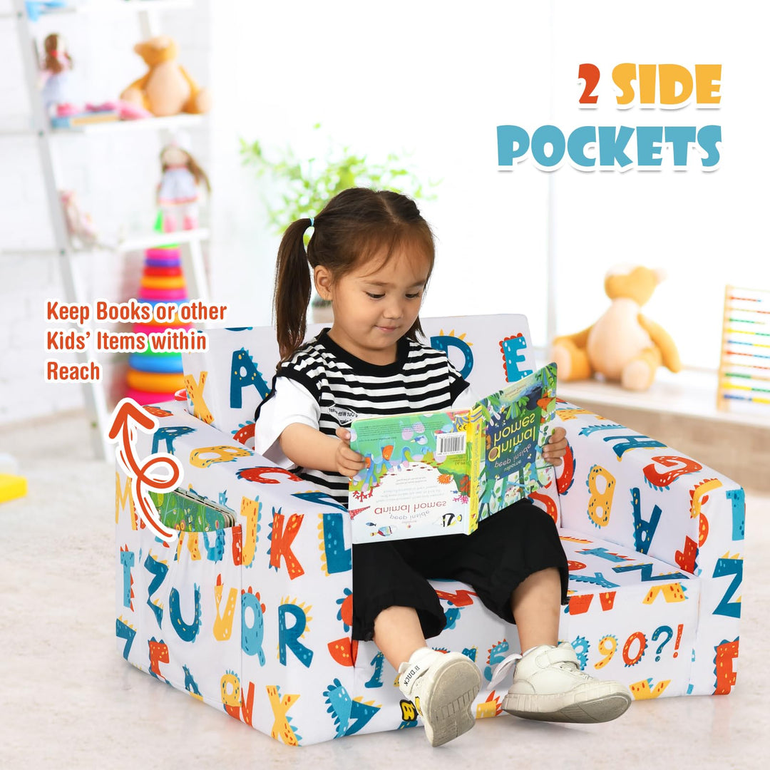 Fold out Toddler Sofa, Convertible Children Couch to Lounger with Soft Velvet and Sponge
