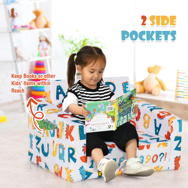 Fold out Toddler Sofa, Convertible Children Couch to Lounger with Soft Velvet and Sponge