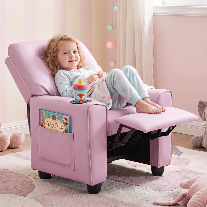 Push Back Kids Recliner Chair, PU Leather Toddler Reclining Armchair with Adjustable Footrest and Cup Holder