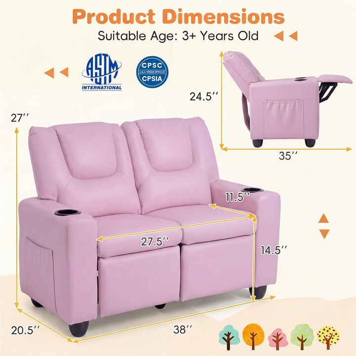 2-Seater Kids Recliner, Double Toddler Loveseat Sofa w/2 Cup Holders