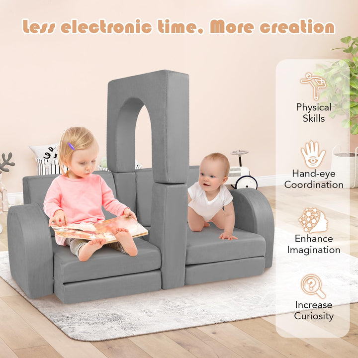 8 Pcs Convertible Play Sofa for Children, Modular Climbing &amp; Crawling Playset with Soft Anti-Wrinkle Suede