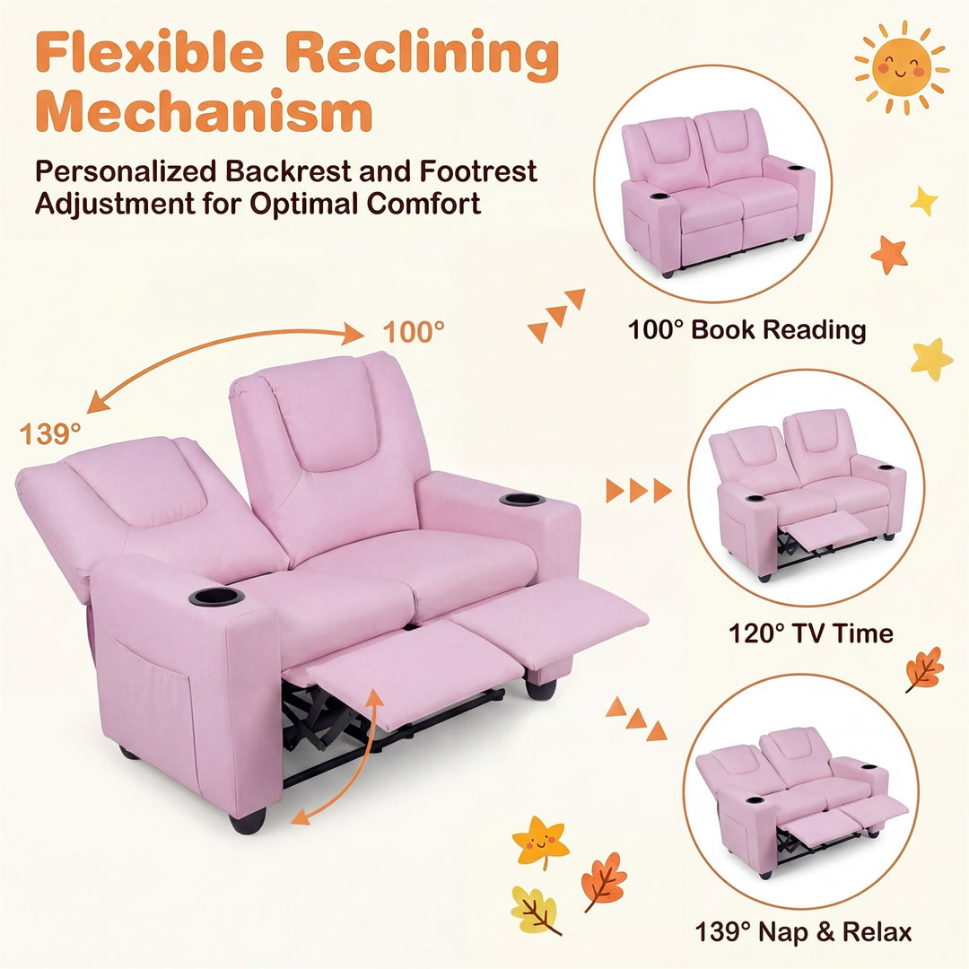 2-Seater Kids Recliner, Double Toddler Loveseat Sofa w/2 Cup Holders