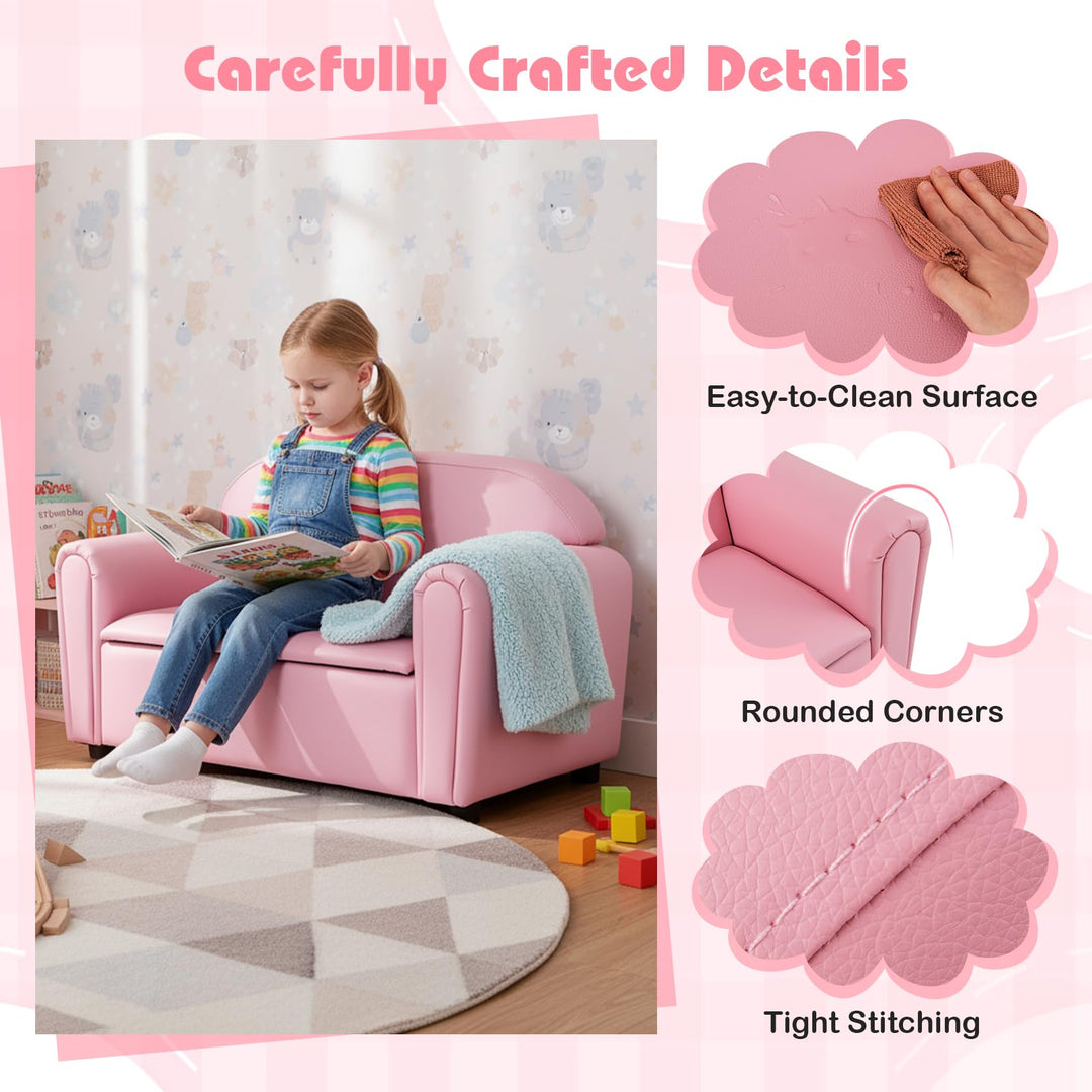 Kids Sofa, 2-Seat Children Couch with Under-Seat Storage, PVC Cover, Cozy Backrest &amp; Soft Padded Seat