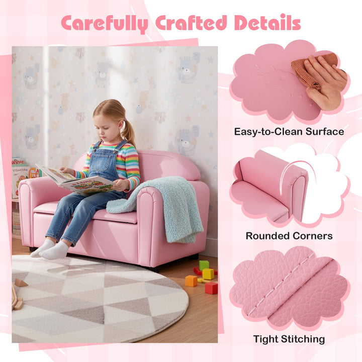 Kids Sofa, 2-Seat Children Couch with Under-Seat Storage, PVC Cover, Cozy Backrest &amp; Soft Padded Seat