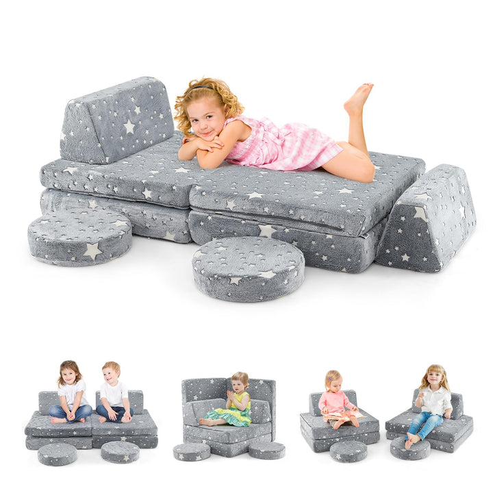 Glow in the Dark Kids Play Couch, Convertible Toddlers Modular Sofa Set with Soft Flannel Covers for Boys Girls