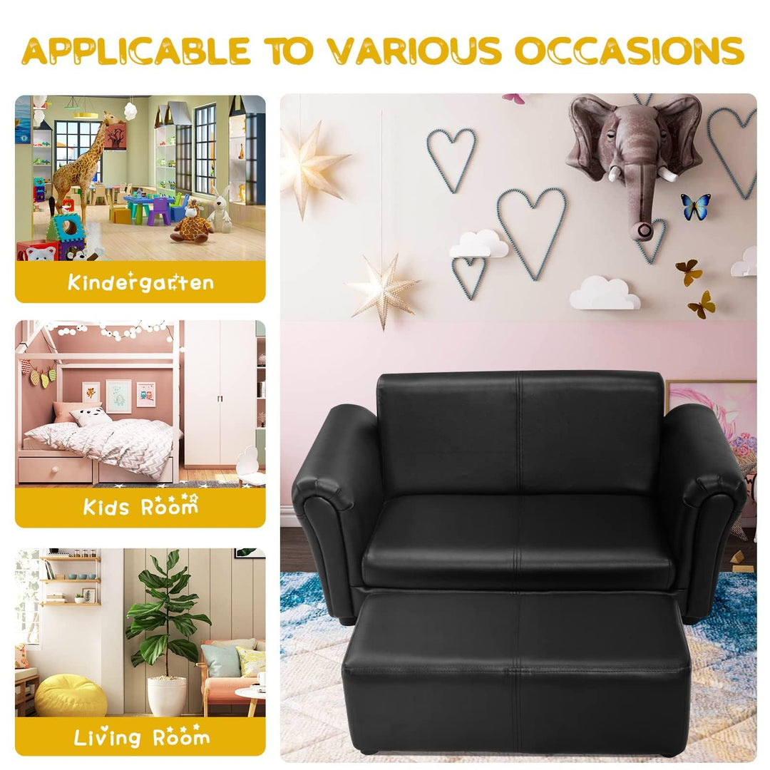 Kids Sofa Set with Ottoman, 2-Seater Wooden Children Loveseat with Armrest &amp; Backrest