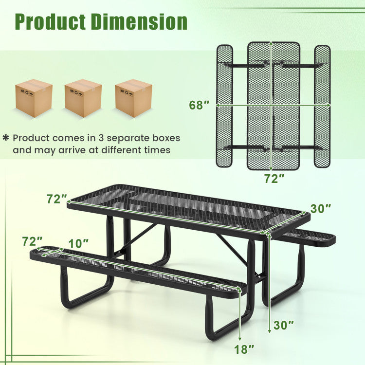 72" Outdoor Picnic Table and Bench Set Rectangular Metal Camping Dining Table with Seats for 8 Person