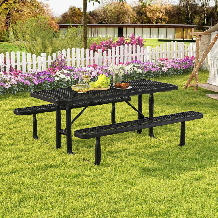 72" Outdoor Picnic Table and Bench Set Rectangular Metal Camping Dining Table with Seats for 8 Person
