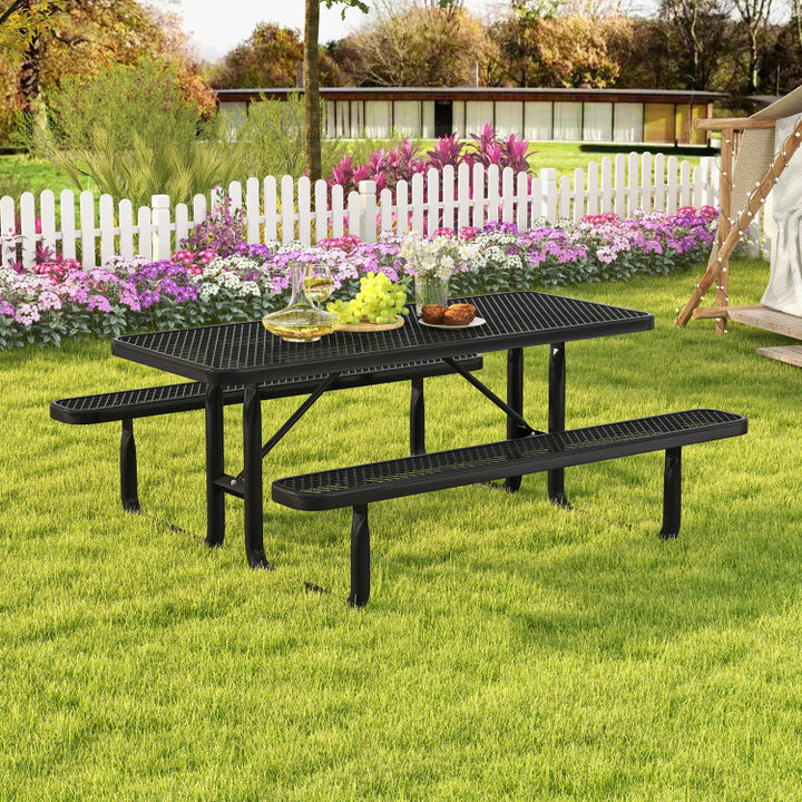 72" Outdoor Picnic Table and Bench Set Rectangular Metal Camping Dining Table with Seats for 8 Person