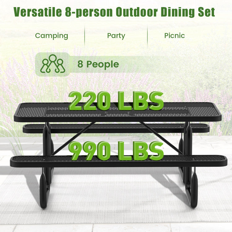 72" Outdoor Picnic Table and Bench Set Rectangular Metal Camping Dining Table with Seats for 8 Person