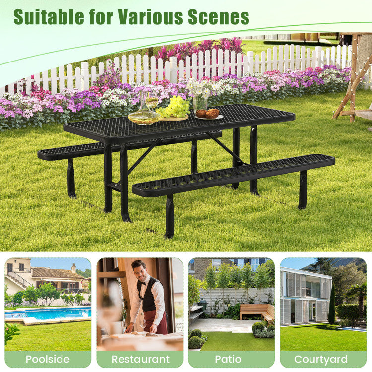 72" Outdoor Picnic Table and Bench Set Rectangular Metal Camping Dining Table with Seats for 8 Person