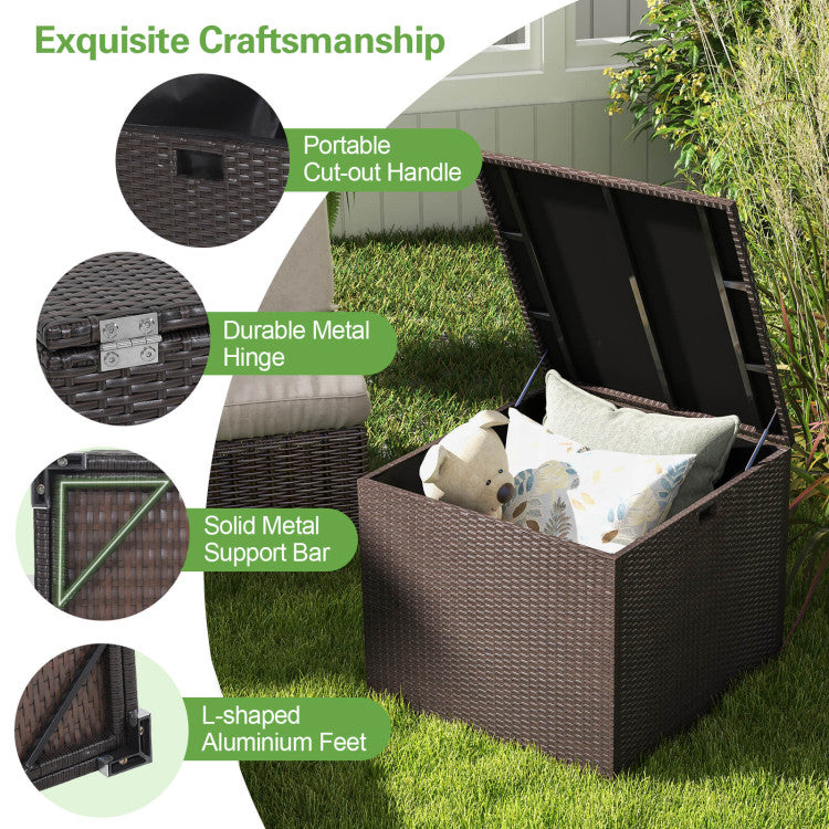 72 Gallon Outdoor Rattan Storage Box Wicker Patio Deck Container with Waterproof Zippered Liner