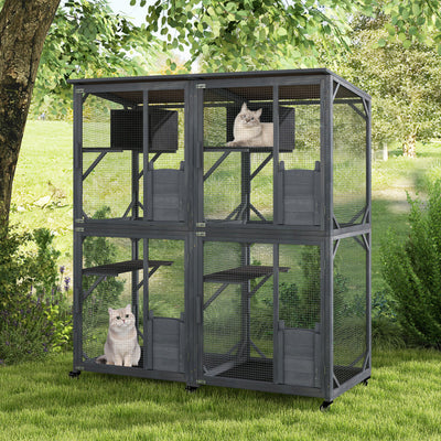 72 Inches Tall Outdoor Cat House Activity Center Large Wooden Catio Kitten Enclosure Pet Kennel with Weatherproof Asphalt Roof and Lockable Doors