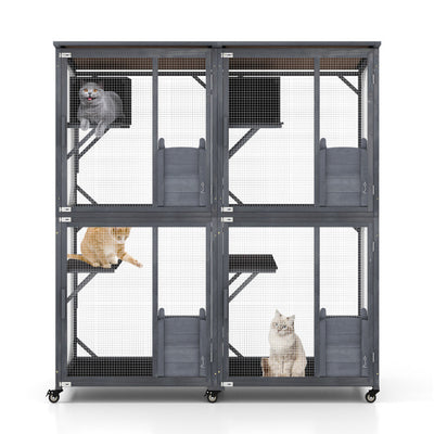 72 Inches Tall Outdoor Cat House Activity Center Large Wooden Catio Kitten Enclosure Pet Kennel with Weatherproof Asphalt Roof and Lockable Doors