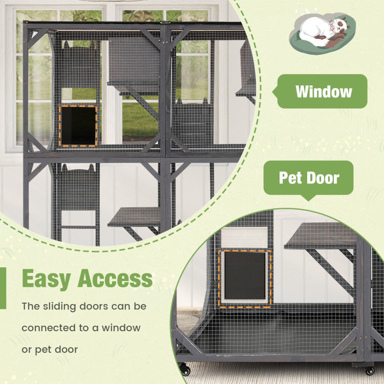 72 Inches Tall Outdoor Cat House Activity Center Large Wooden Catio Kitten Enclosure Pet Kennel with Weatherproof Asphalt Roof and Lockable Doors