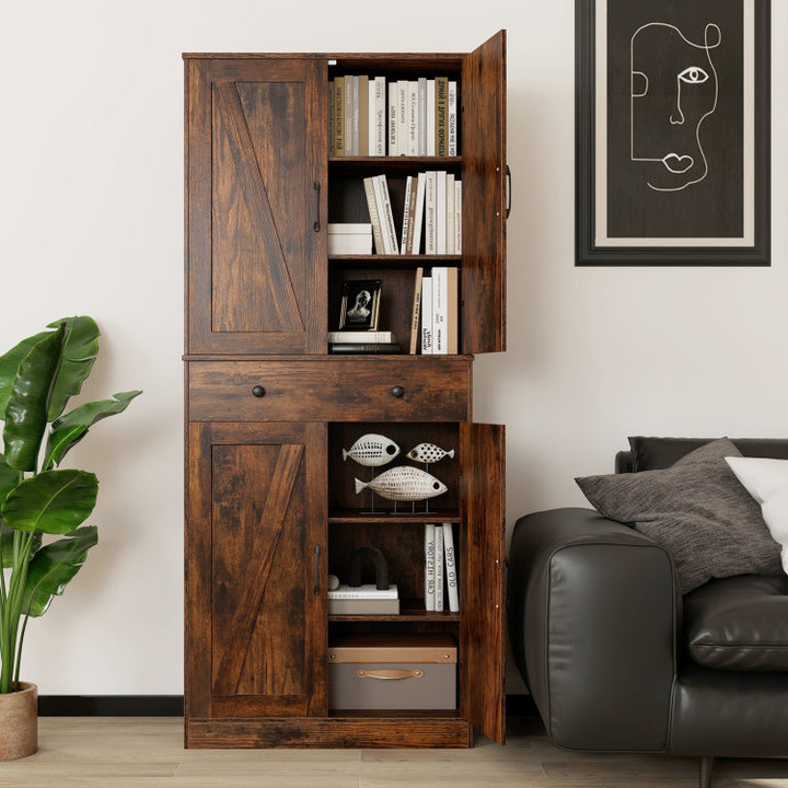 72 Inch Tall Modern Farmhouse Cupboard Cabinet with 4 Barn Doors