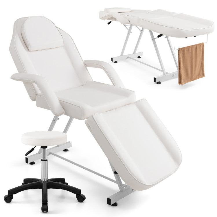 73 Inch Massage Bed Facial Chair Set 3-Section Convertible Tattoo Esthetician Chair with Adjustable Backrest and Towel Rack