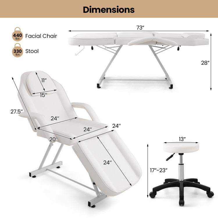 73 Inch Massage Bed Facial Chair Set 3-Section Convertible Tattoo Esthetician Chair with Adjustable Backrest and Towel Rack