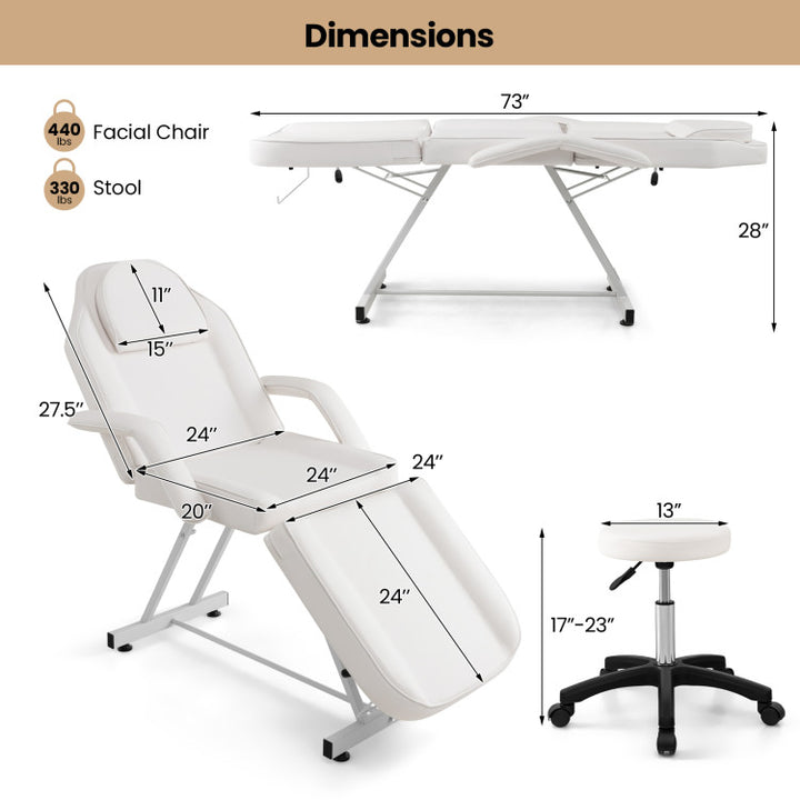 73 Inch Massage Bed Facial Chair Set 3-Section Convertible Tattoo Esthetician Chair with Adjustable Backrest and Towel Rack