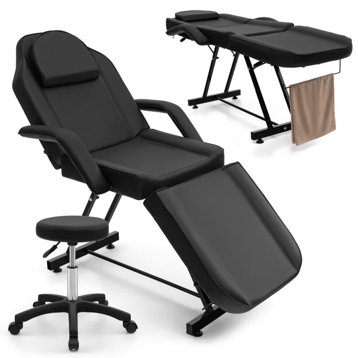 73 Inch Massage Bed Facial Chair Set 3-Section Convertible Tattoo Esthetician Chair with Adjustable Backrest and Towel Rack