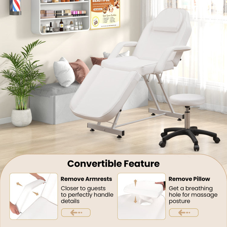 73 Inch Massage Bed Facial Chair Set 3-Section Convertible Tattoo Esthetician Chair with Adjustable Backrest and Towel Rack