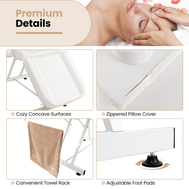 73 Inch Massage Bed Facial Chair Set 3-Section Convertible Tattoo Esthetician Chair with Adjustable Backrest and Towel Rack