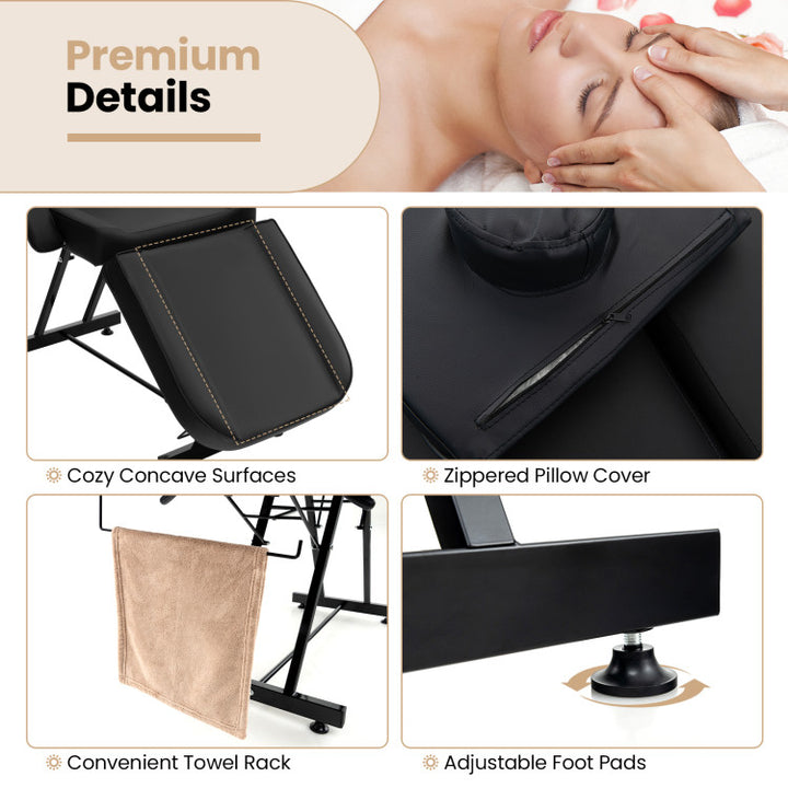 73 Inch Massage Bed Facial Chair Set 3-Section Convertible Tattoo Esthetician Chair with Adjustable Backrest and Towel Rack