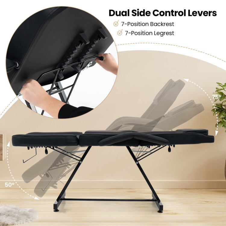 73 Inch Massage Bed Facial Chair Set 3-Section Convertible Tattoo Esthetician Chair with Adjustable Backrest and Towel Rack