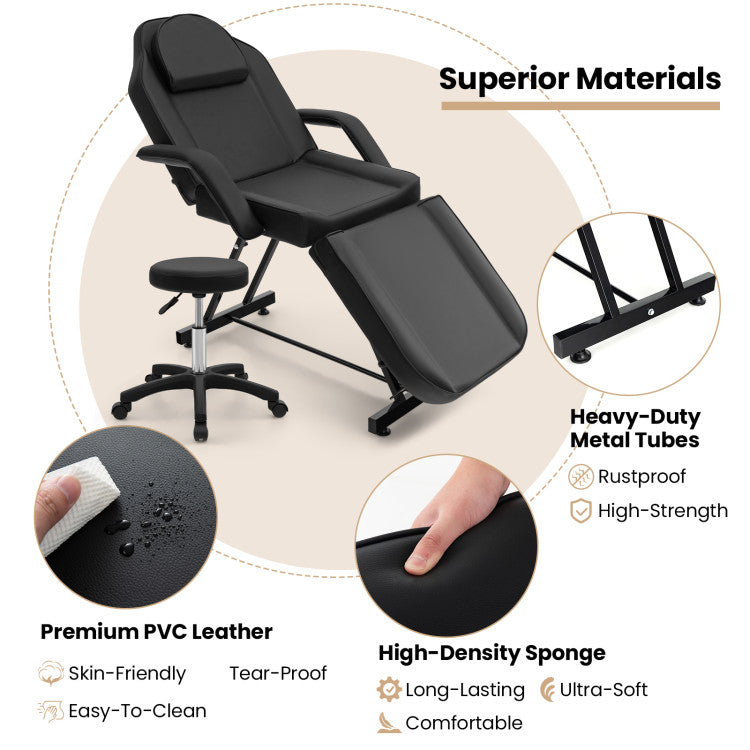 73 Inch Massage Bed Facial Chair Set 3-Section Convertible Tattoo Esthetician Chair with Adjustable Backrest and Towel Rack