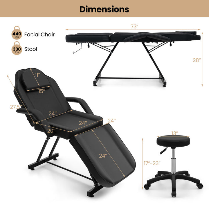 73 Inch Massage Bed Facial Chair Set 3-Section Convertible Tattoo Esthetician Chair with Adjustable Backrest and Towel Rack