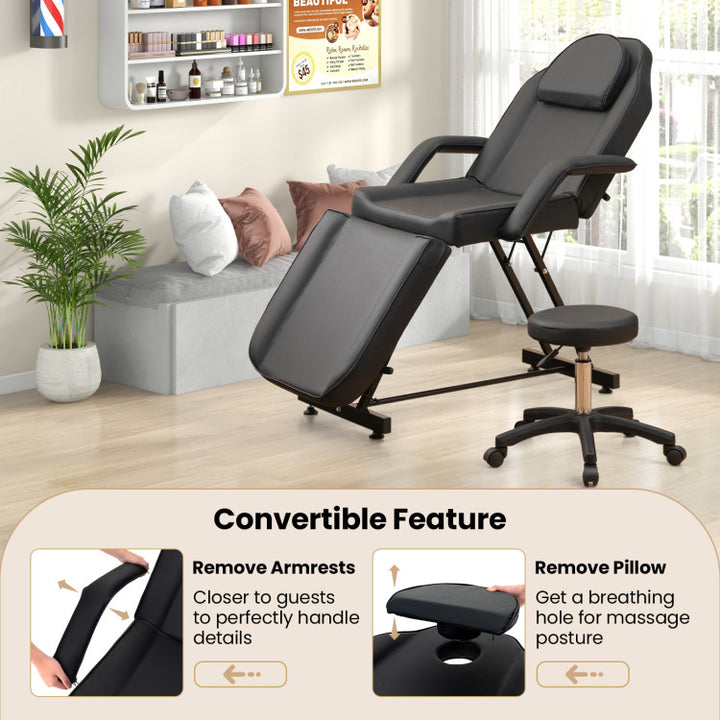 73 Inch Massage Bed Facial Chair Set 3-Section Convertible Tattoo Esthetician Chair with Adjustable Backrest and Towel Rack