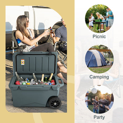 75 Quart-insulated ice Cooler Portable Rotomolded Ice Chest with All-Terrain Wheels and Bottle Opener for Camping Fishing