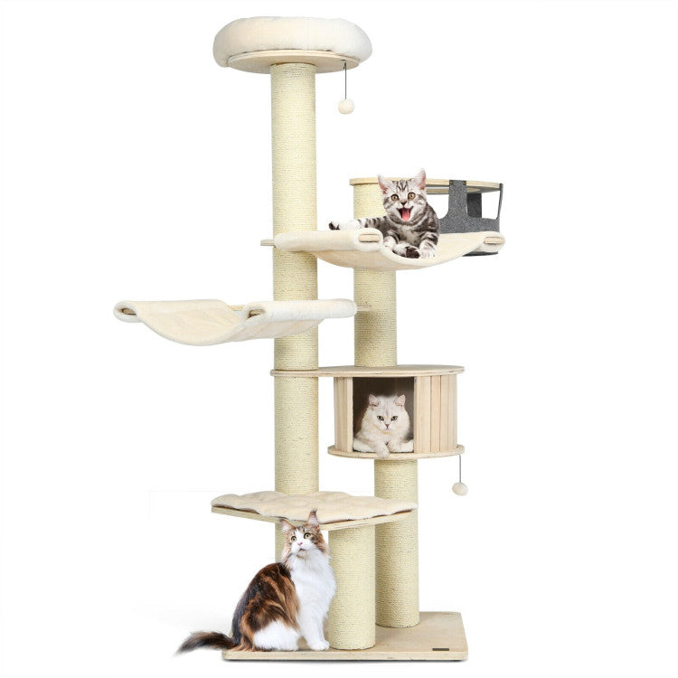 77.5 Inch All-In-One Tall Cat Tree Condo Multi-Level Large Kitten Activity Tower with Hammocks and Hanging Basket for Cats