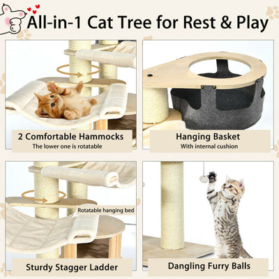 77.5 Inch All-In-One Tall Cat Tree Condo Multi-Level Large Kitten Activity Tower with Hammocks and Hanging Basket for Cats